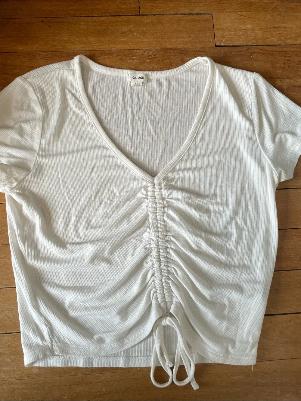Garage Cream Ribbed Ruched V-Neck Crop Top - Picture 2 of 5